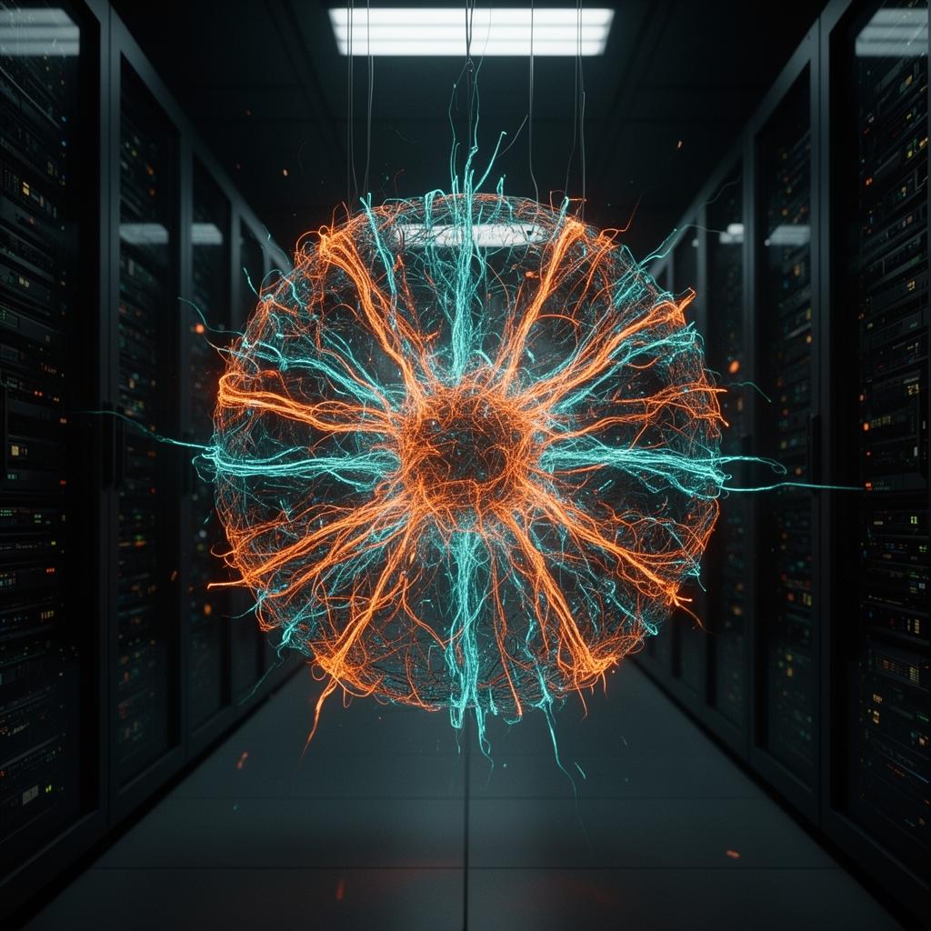 A glowing AI core of orange and cyan neural filaments suspended inside a dark server hall.