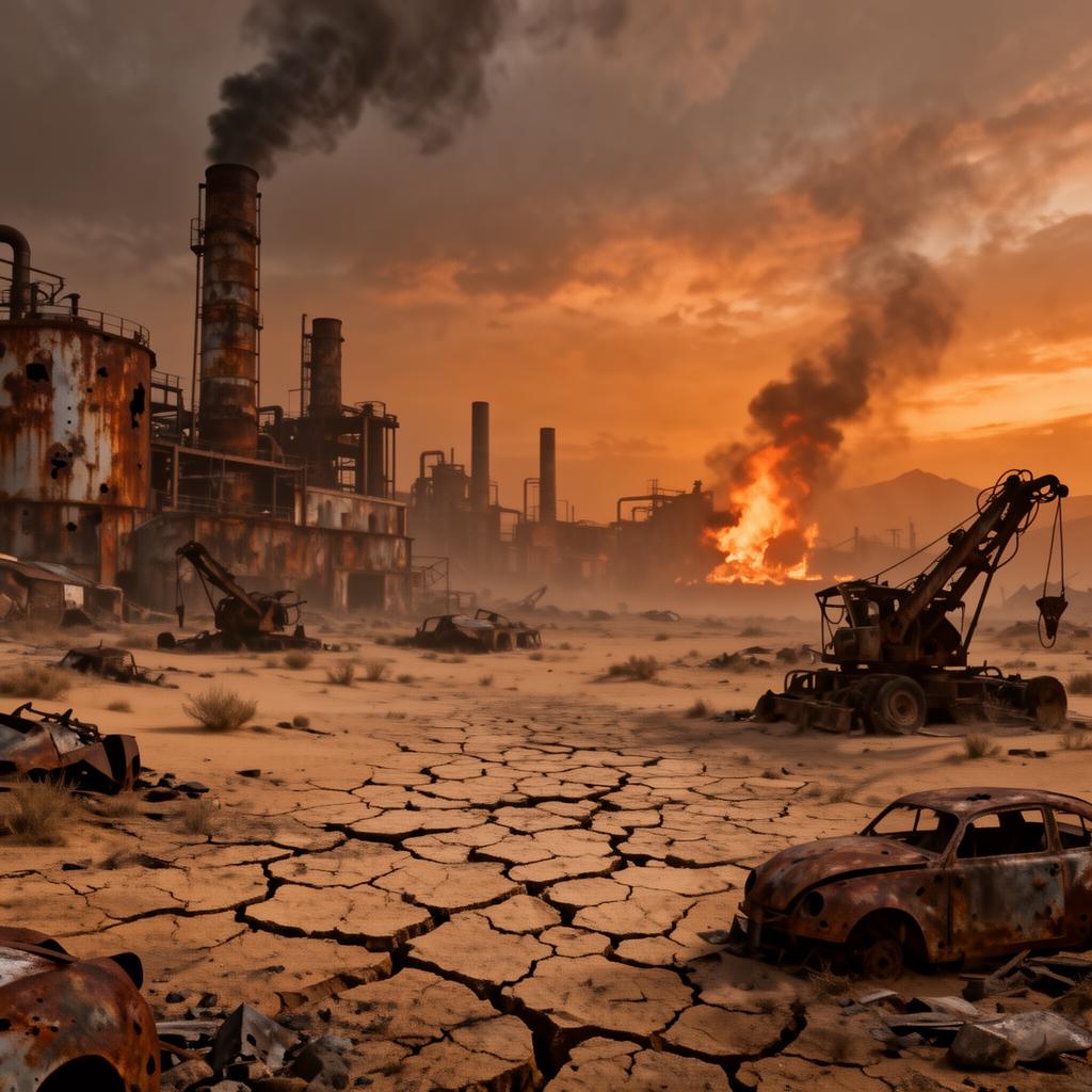 A scorched dystopian wasteland of cracked earth, dead industrial machinery, and burning orange skies.
