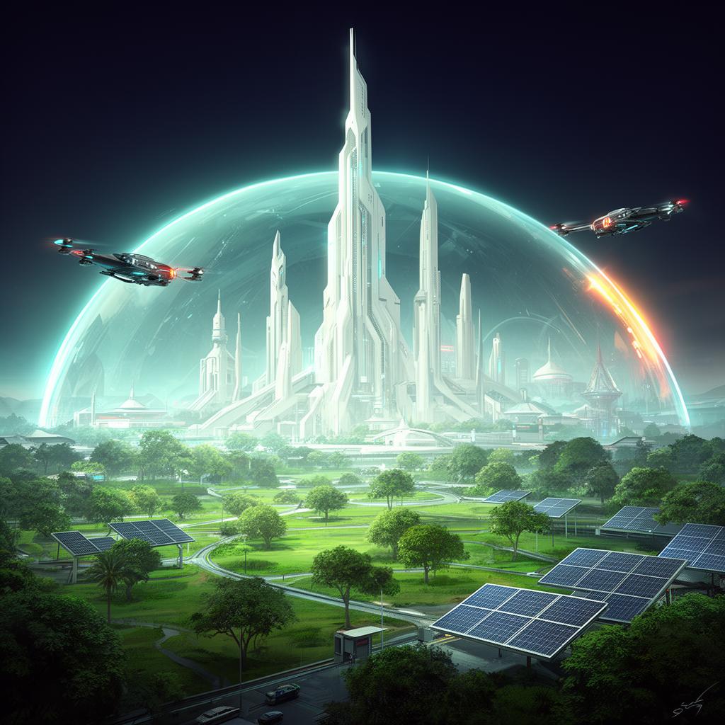A gleaming domed utopian city of white spires, parks, and solar fields under a cyan glow.